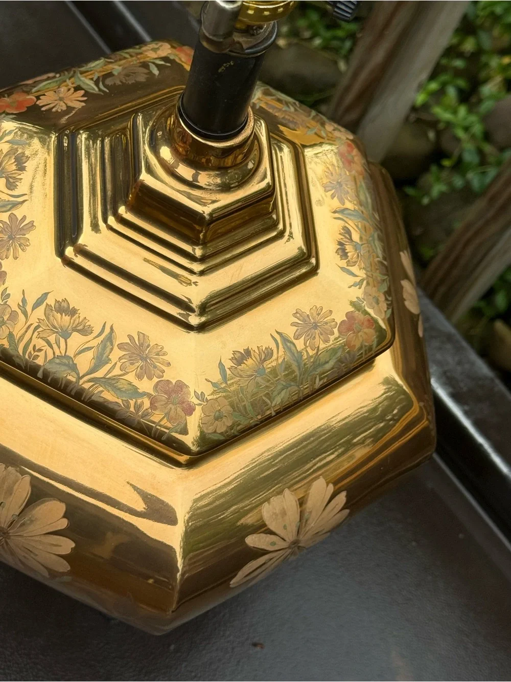 Vintage Solid Cast Brass Chinoiserie Ginger Jar Table Lamp hand painted flowers